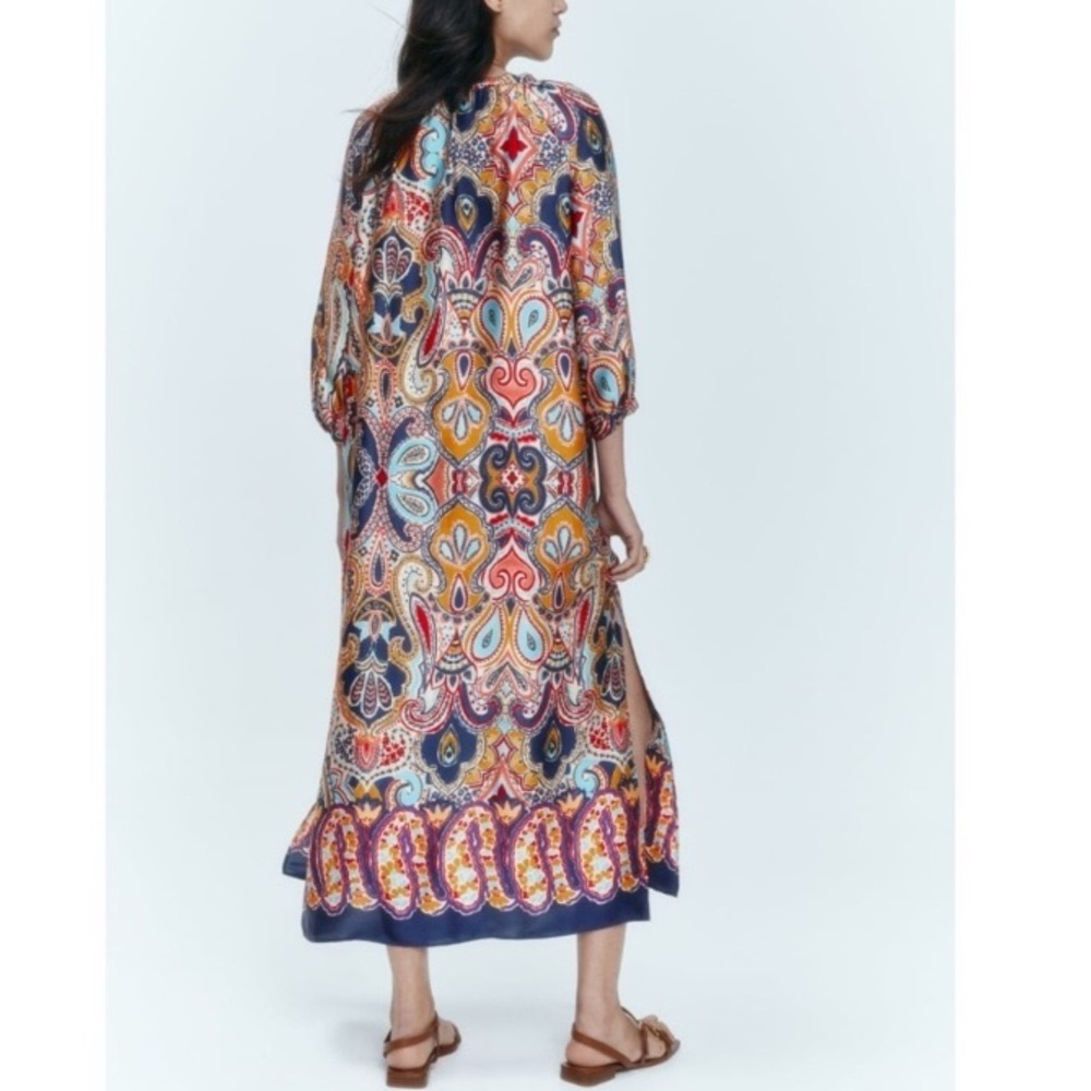Zara Paisley Boho long Dress Size S Button Front boxy resortwear festival scarf - Picture 3 of 12